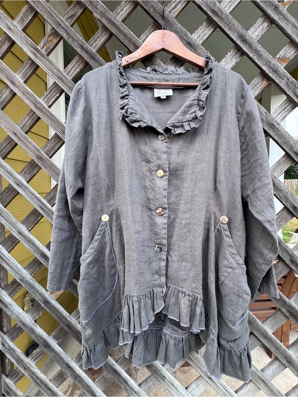 Heart’s Desire Grey “Lily” Jacket in Linen, Ruffled Front w/Buttons